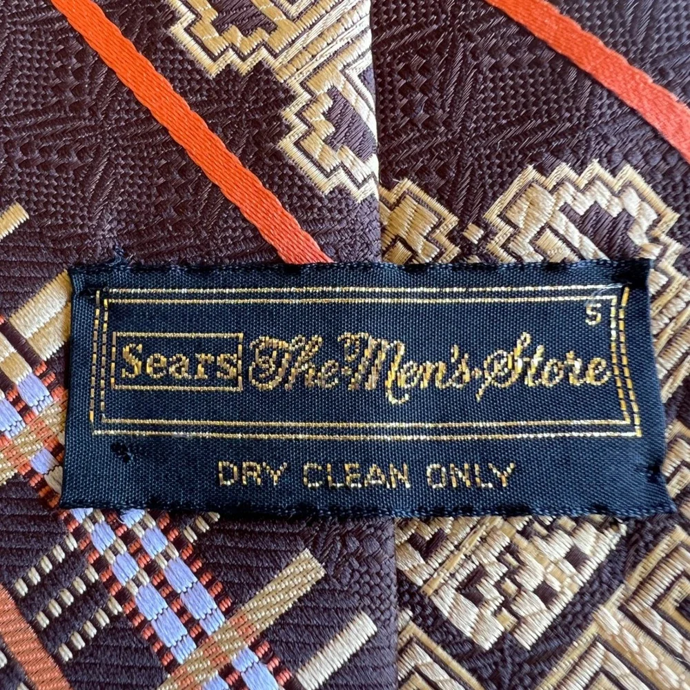 Vintage 70s Sears Polyester Wide Necktie Brown Jacquard Gold Beige Orange